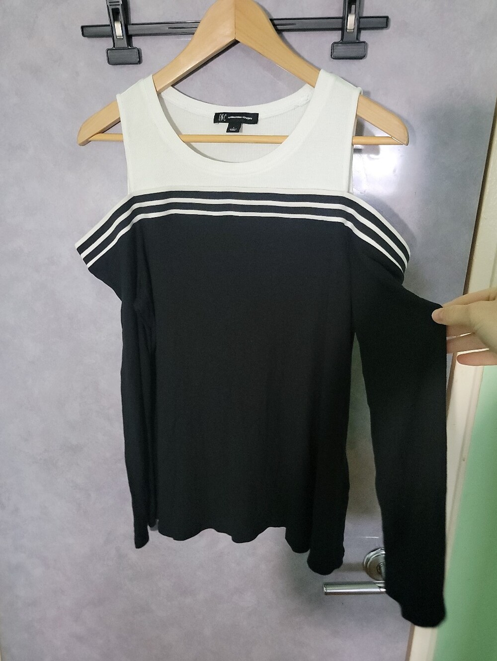 INC International Concepts Black Cold-Shoulder Top with White Yoke and Stripes